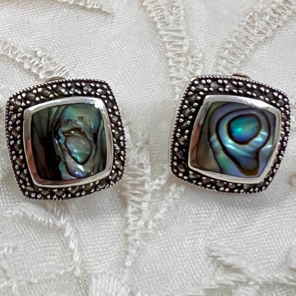 Sterling Silver 925 Abalone & Marcasite Pierced Earrings Signed KTH, 7.6 grams - Picture 1 of 9